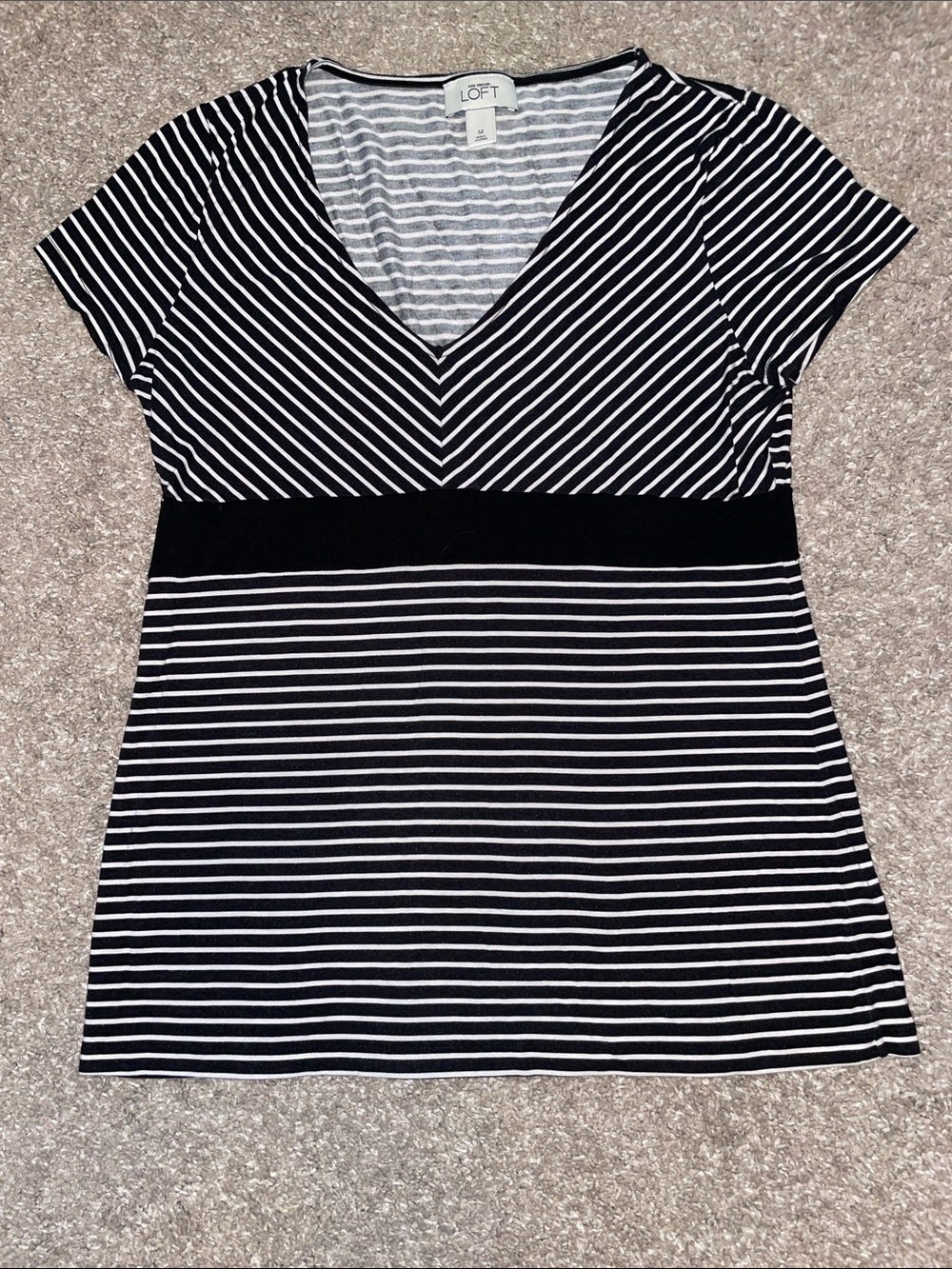 LOFT Black & White Striped V-Neck Empire Waist Top, M